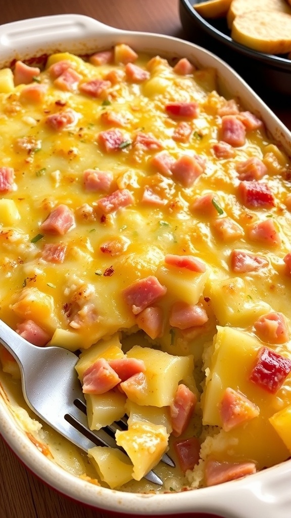 Ham and Potato Casserole Recipe A delicious ham and potato casserole with cheese topping, served in a rustic dish.